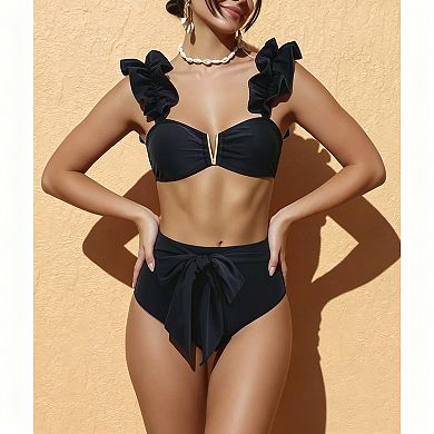 Women's Ruffle Strap High Waisted Bikini Set, V-Trim Bandeau 2 Piece Swimwear