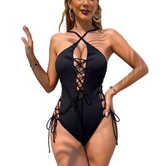 Women's Crisscross Halter One Piece Swimsuit, Lace-Up Cutout Monokini