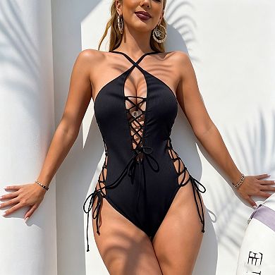 Women's Crisscross Halter One Piece Swimsuit, Lace-Up Cutout Monokini
