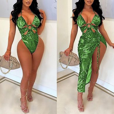 Women's Printed Halter Cutout One-Piece Swimsuit with Side Slit Cover Up Skirt