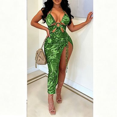 Women's Printed Halter Cutout One-Piece Swimsuit with Side Slit Cover Up Skirt