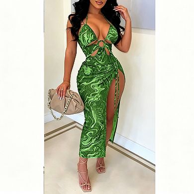 Women's Printed Halter Cutout One-Piece Swimsuit with Side Slit Cover Up Skirt