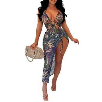 Women's Printed Halter Cutout One-Piece Swimsuit with Side Slit Cover Up Skirt