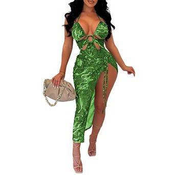 Women's Printed Halter Cutout One-Piece Swimsuit with Side Slit Cover Up Skirt