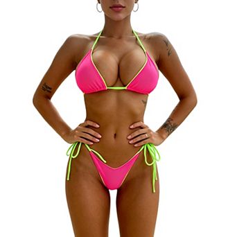 Women's Contrast Trim Triangle Bikini Set, Halter Tie Side 2 pc Swimwear
