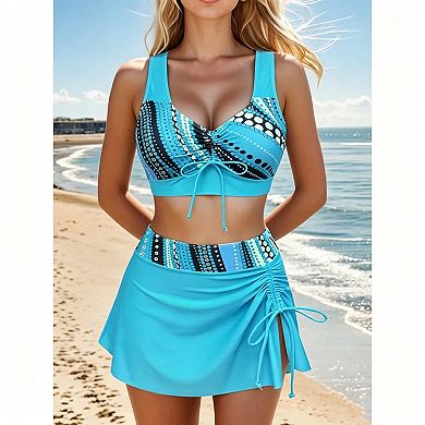 Women's Drawstring Tankini Skirted Swimsuit Set, 2 Piece Bathing Suit