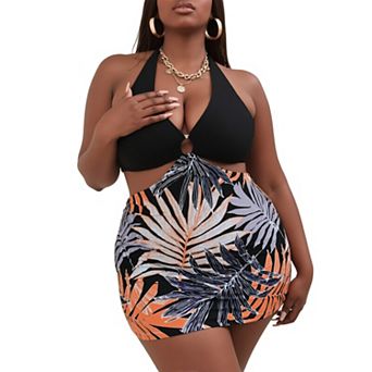 Women's Halter Cutout Two-Piece Tropical Print Swimwear with Skirted Bottom