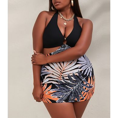Women's Halter Cutout Two-Piece Tropical Print Swimwear with Skirted Bottom