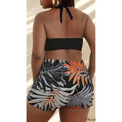 Women's Halter Cutout Two-Piece Tropical Print Swimwear with Skirted Bottom