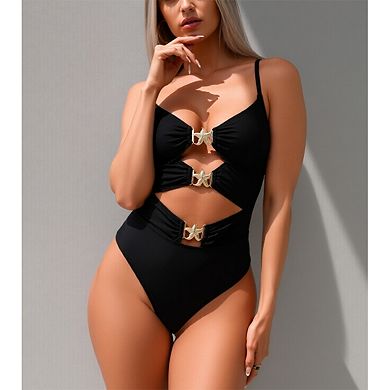 Women's Cutout One-Piece Swimsuit with Starfish Hardware, Adjustable Straps
