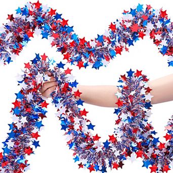 1 Roll 52.5 ft Red White Blue Star Tinsel Garland Patriotic 4th of July Decor for Home