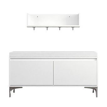 Lufeiya Wall-Mounted Entryway Shelf with Hooks and Shoe Storage Bench Set, Hall Tree with Cushion