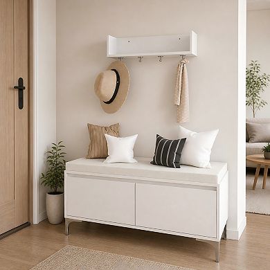 Lufeiya Wall-Mounted Entryway Shelf with Hooks and Shoe Storage Bench Set, Hall Tree with Cushion