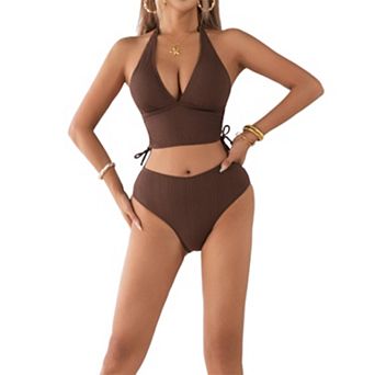 Women's Ribbed Halter 2 pc Bikini, High Waisted Midkini Swimsuit