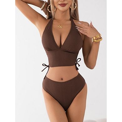 Women's Ribbed Halter 2-Piece Bikini, High Waisted Midkini Swimsuit