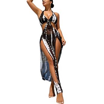 Women's 3 pc Halter Bikini Set with Cutout Maxi Cover Up Dress