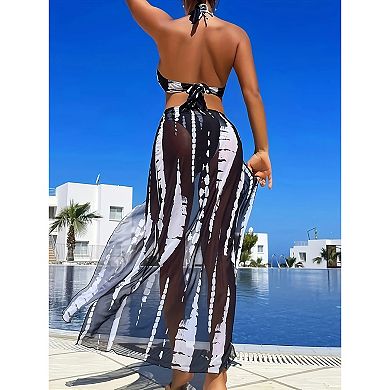 Women's 3-Piece Halter Bikini Set with Cutout Maxi Cover Up Dress