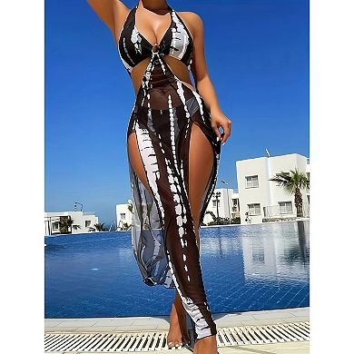 Women's 3-Piece Halter Bikini Set with Cutout Maxi Cover Up Dress