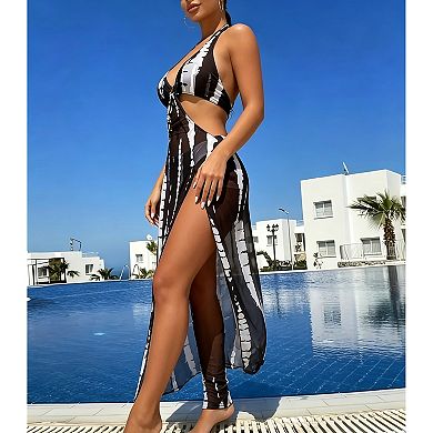 Women's 3-Piece Halter Bikini Set with Cutout Maxi Cover Up Dress