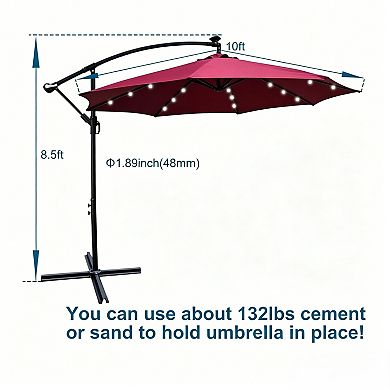YIORTWO 10FT Solar Patio Umbrella with LED Lights Crank Lift and Cross Base