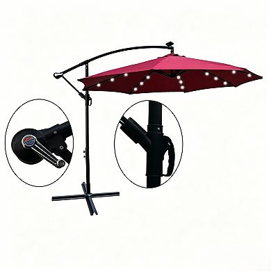 YIORTWO 10FT Solar Patio Umbrella with LED Lights Crank Lift and Cross Base