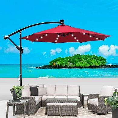 YIORTWO 10FT Solar Patio Umbrella with LED Lights Crank Lift and Cross Base