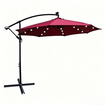 YIORTWO 10FT Solar Patio Umbrella with LED Lights Crank Lift and Cross Base