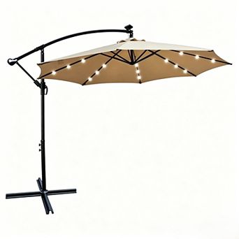 YIORTWO 10FT Solar Patio Umbrella with LED Lights Crank Lift and Cross Base