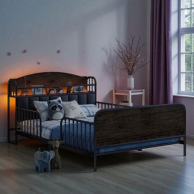 Lufeiya Full Size kid Metal Platform Bed Frame with Upholstered Storage Headboard and LED Light