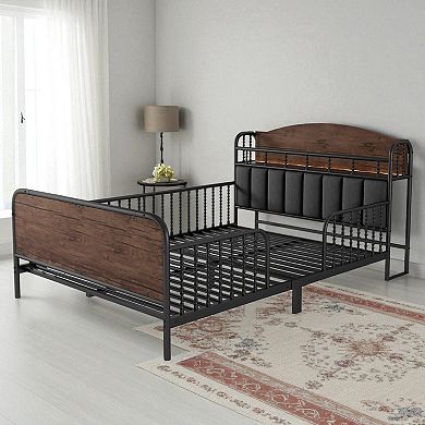 Lufeiya Full Size kid Metal Platform Bed Frame with Upholstered Storage Headboard and LED Light