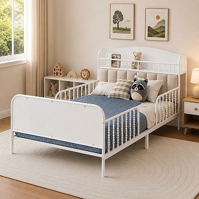 Lufeiya Full Size kid Metal Platform Bed Frame with Upholstered Storage Headboard and LED Light