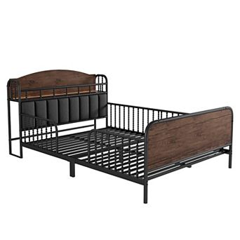 Lufeiya Full Size kid Metal Platform Bed Frame with Upholstered Storage Headboard and LED Light