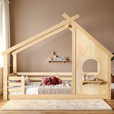 Lufeiya Full Solid Wood Kids House Floor Bed with Roof Frame Window and Shelf