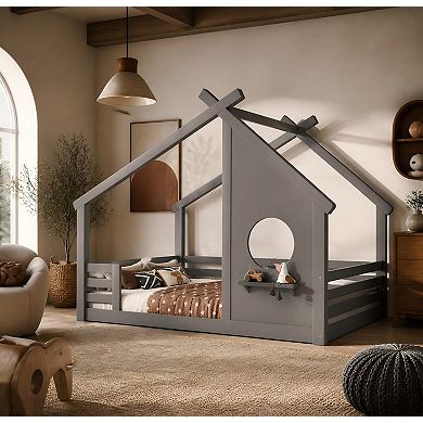 Lufeiya Full Solid Wood Kids House Floor Bed with Roof Frame Window and Shelf