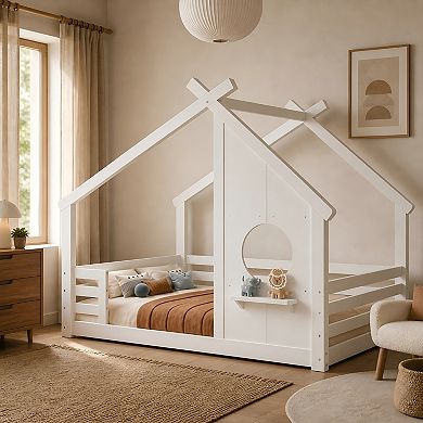 Lufeiya Full Solid Wood Kids House Floor Bed with Roof Frame Window and Shelf