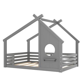 Lufeiya Full Solid Wood Kids House Floor Bed with Roof Frame Window and Shelf