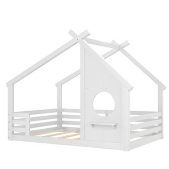 Lufeiya Full Solid Wood Kids House Floor Bed with Roof Frame Window and Shelf