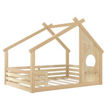 Lufeiya Full Solid Wood Kids House Floor Bed with Roof Frame Window and Shelf
