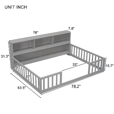 Lufeiya Full Floor Bed with Side Bookcase and Shelves, Safety Guardrails,Space Saving