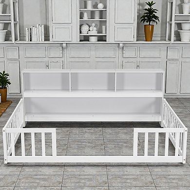 Lufeiya Full Floor Bed with Side Bookcase and Shelves, Safety Guardrails,Space Saving
