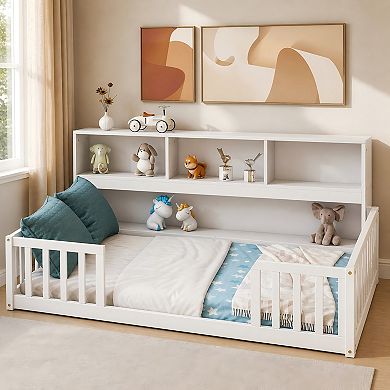 Lufeiya Full Floor Bed with Side Bookcase and Shelves, Safety Guardrails,Space Saving