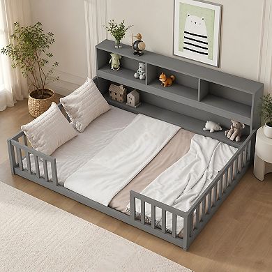 Lufeiya Full Floor Bed with Side Bookcase and Shelves, Safety Guardrails,Space Saving
