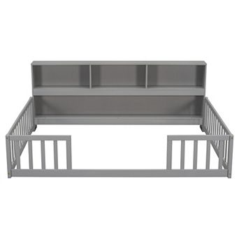Lufeiya Full Floor Bed with Side Bookcase and Shelves, Safety Guardrails,Space Saving