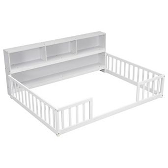 Lufeiya Full Floor Bed with Side Bookcase and Shelves, Safety Guardrails,Space Saving