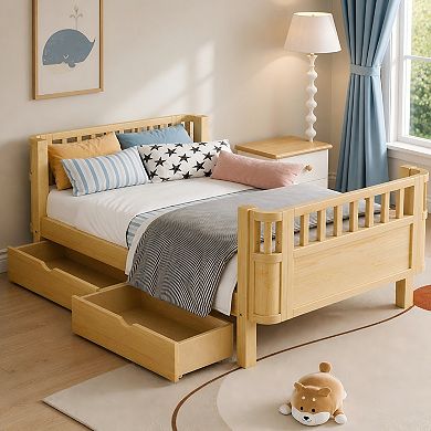 Lufeiya Twin Size Wood Platform Bed with Safety Rails and Storage Drawers