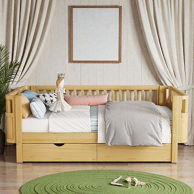 Lufeiya Twin Size Wood Platform Bed with Safety Rails and Storage Drawers