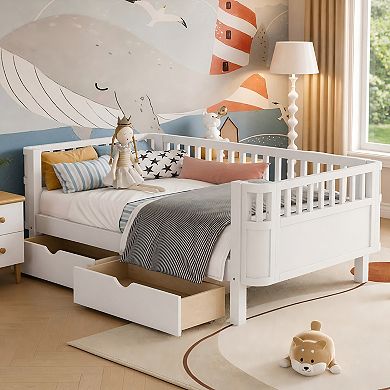 Lufeiya Twin Size Wood Platform Bed with Safety Rails and Storage Drawers