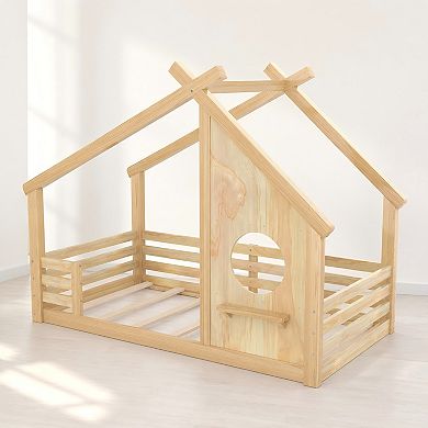 Lufeiya Solid Wood Kids Twin House Floor Bed with Roof Frame Window and Shelf