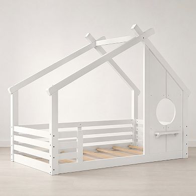 Lufeiya Solid Wood Kids Twin House Floor Bed with Roof Frame Window and Shelf