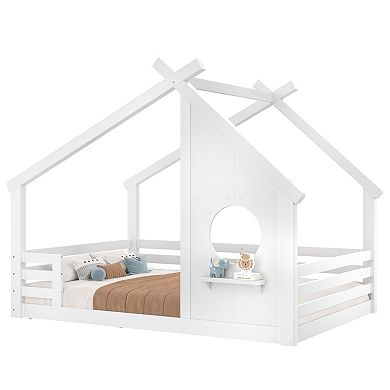 Lufeiya Solid Wood Kids Twin House Floor Bed with Roof Frame Window and Shelf